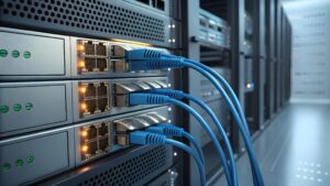 Close-up of network cables connected to high-speed internet servers, representing the NBN speed upgrade 2025.