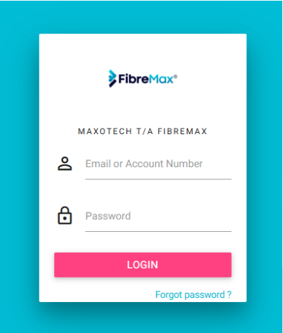 FibreMax Online Portal login page showing email, password fields, and login button.
