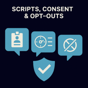 Stacked speech bubbles with a shield and checkmark symbolising compliant cold call scripts, consent and fast opt-outs.