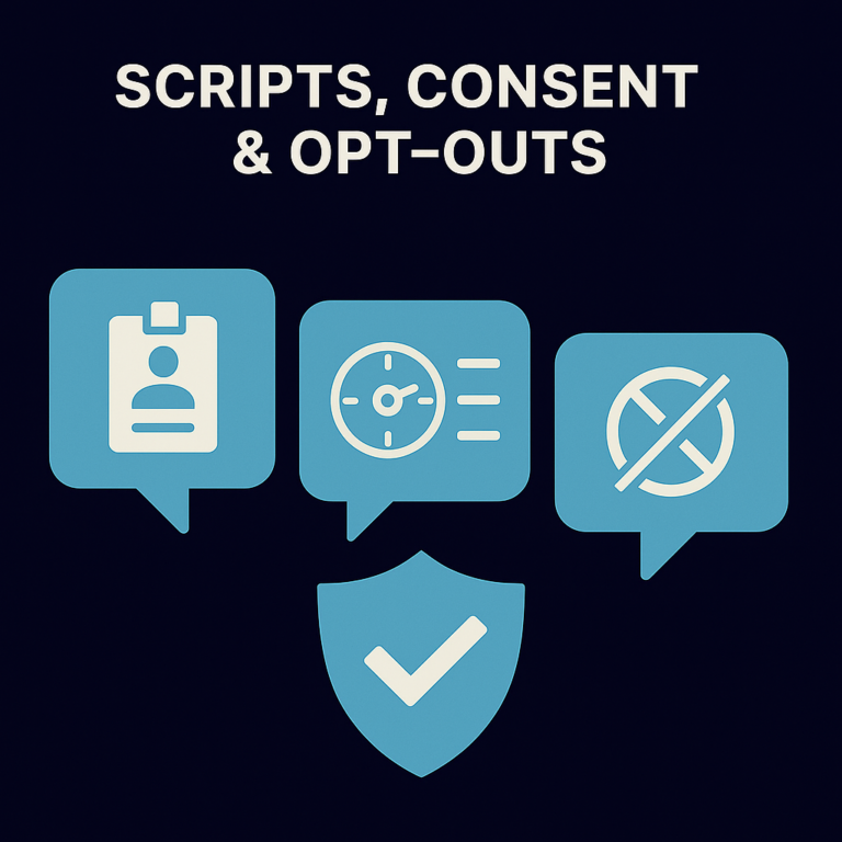 Stacked speech bubbles with a shield and checkmark symbolising compliant cold call scripts, consent and fast opt-outs.