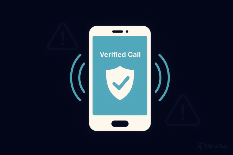 Smartphone caller ID with a verified badge and muted warning symbols, highlighting dialler hygiene to prevent spam labels.