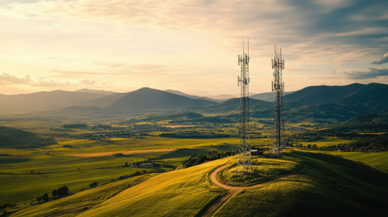 nbn Fixed Wireless towers overlooking regional farmland, representing rural broadband coverage and real world internet speed performance.