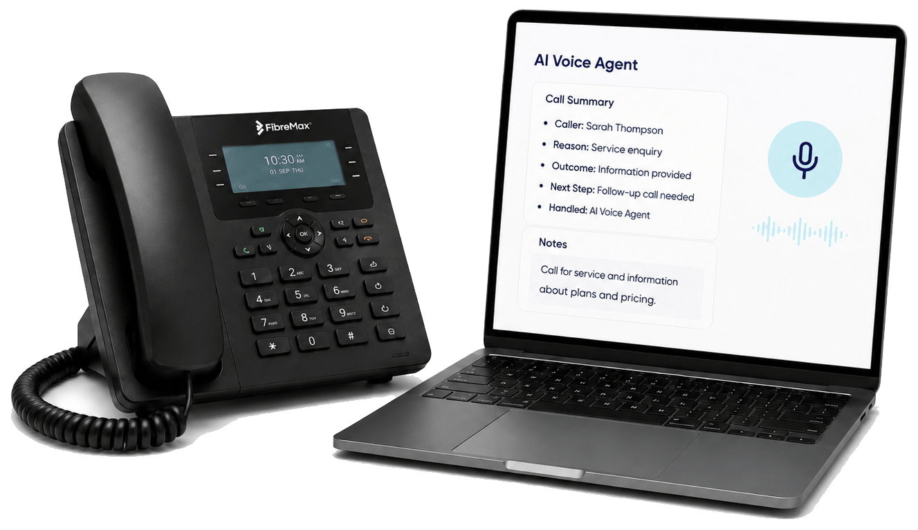 AI Voice Agent shown on a desk phone and a laptop displaying a call summary